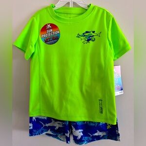 Kids Neon Green UPF 50+ Rash Guard Swim Set - Sharks Print